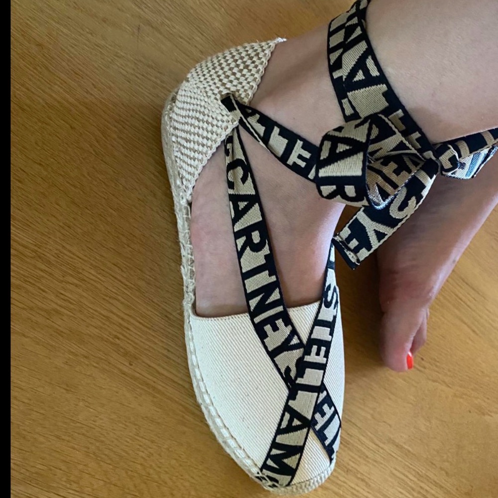 Stella McCartney Beige Espadrille Lace-Up Flats with Black Logo Wrap Laces